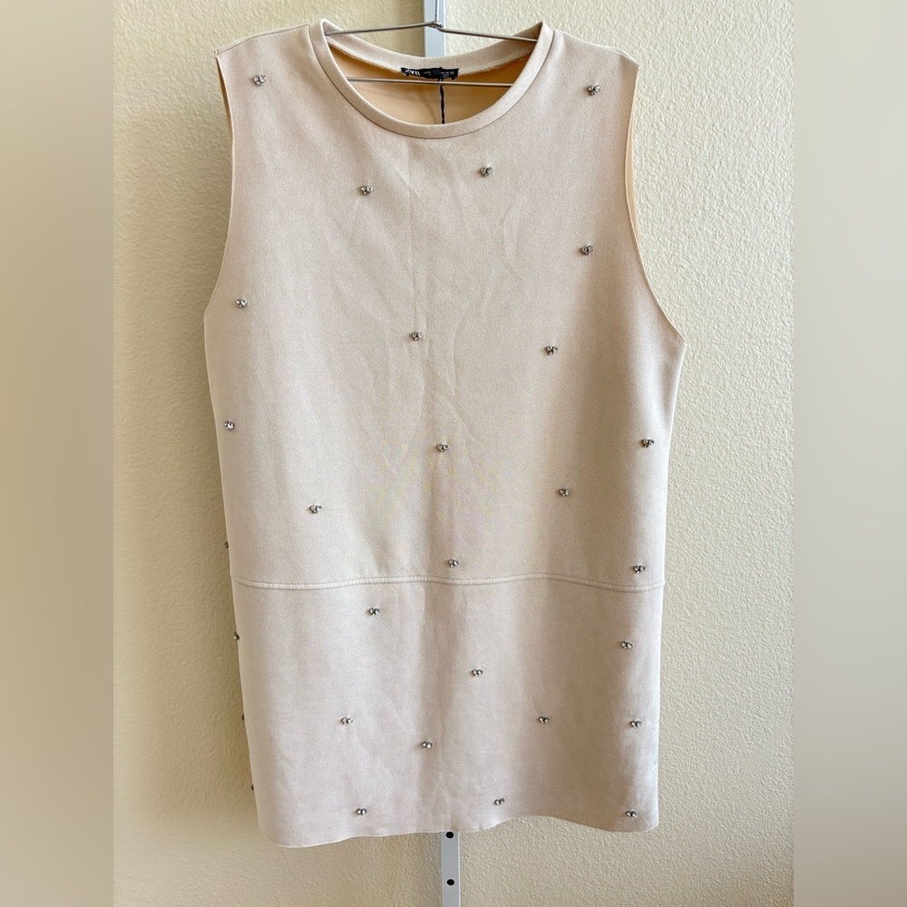 NWT - Zara Faux Suede Rhinestone Mini Dress in Cream - Size XL - Picture 2 of 4